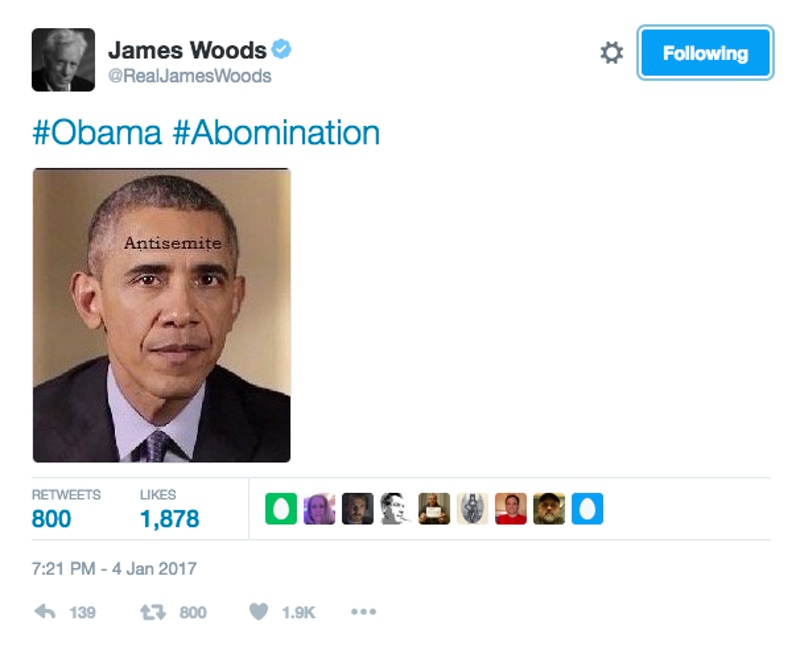 Screenshot of a tweet from James Woods, who posted a photo of President Barack Obama with the word “antisemite” scrawled across his forehead (Twitter)